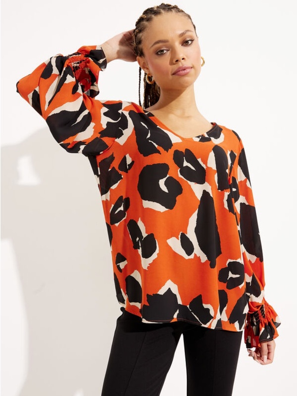 Joseph Ribkoff Orange, Black & Cream Abstract V-Neck Blouse